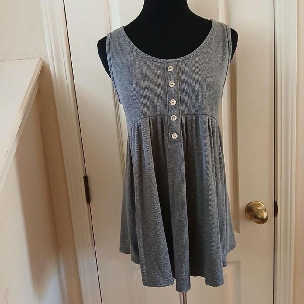 Grey Y2k 2000s style ribbed babydoll henley sleeveless tunic top S basic
